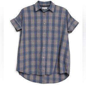 Madewell Blue and Tan Plaid Short-Sleeve Button-Down